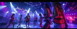 a vibrant indoor laser tag arena buzzes with excitement as players, adorned in glowing vests, navigate through dynamic lighting and laser beams, capturing thrilling moments with their teammates amidst an atmosphere charged with competitive spirit and music.