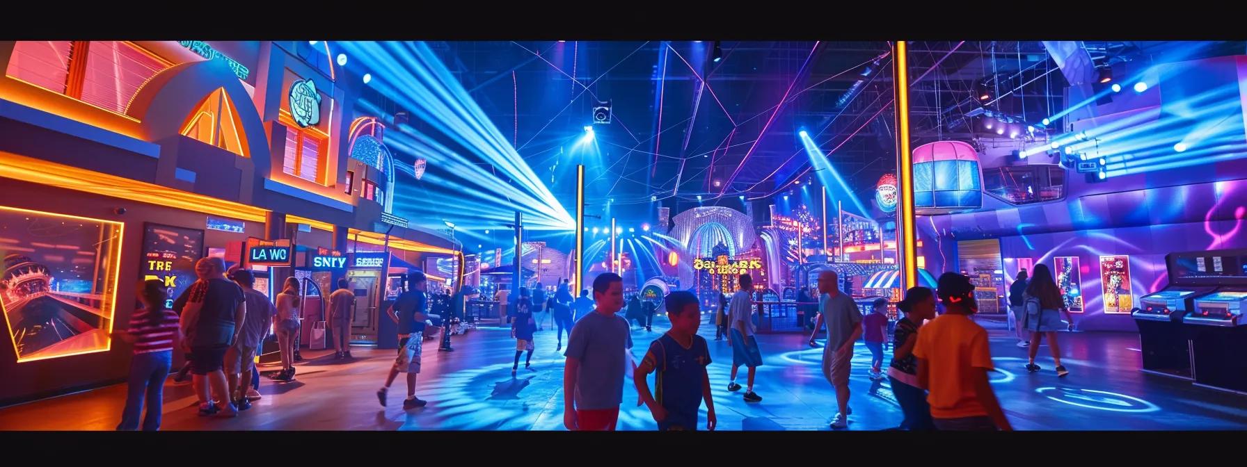 a dynamic laser tag arena pulsates with vibrant lights and excited children, showcasing a group engaged in a thrilling game, complemented by colorful themed decorations and additional interactive experiences that enhance the fun.