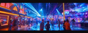 a dynamic laser tag arena pulsates with vibrant lights and excited children, showcasing a group engaged in a thrilling game, complemented by colorful themed decorations and additional interactive experiences that enhance the fun.