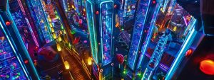 a vibrant indoor arena filled with excited children wearing colorful laser tag vests, illuminated by dynamic laser lights and surrounded by futuristic wall designs, creates an electrifying atmosphere of fun and adventure.