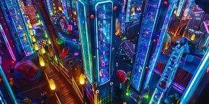 a vibrant indoor arena filled with excited children wearing colorful laser tag vests, illuminated by dynamic laser lights and surrounded by futuristic wall designs, creates an electrifying atmosphere of fun and adventure.