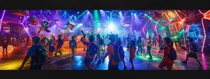 a vibrant indoor arena filled with excited children in colorful laser tag gear, eagerly engaging in a thrilling game amidst neon lights and dynamic obstacle courses, showcasing the essence of fun and safety in an immersive party experience.