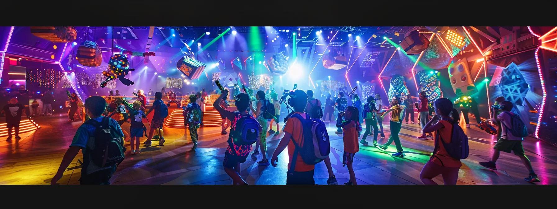 a vibrant indoor arena filled with excited children in colorful laser tag gear, eagerly engaging in a thrilling game amidst neon lights and dynamic obstacle courses, showcasing the essence of fun and safety in an immersive party experience.