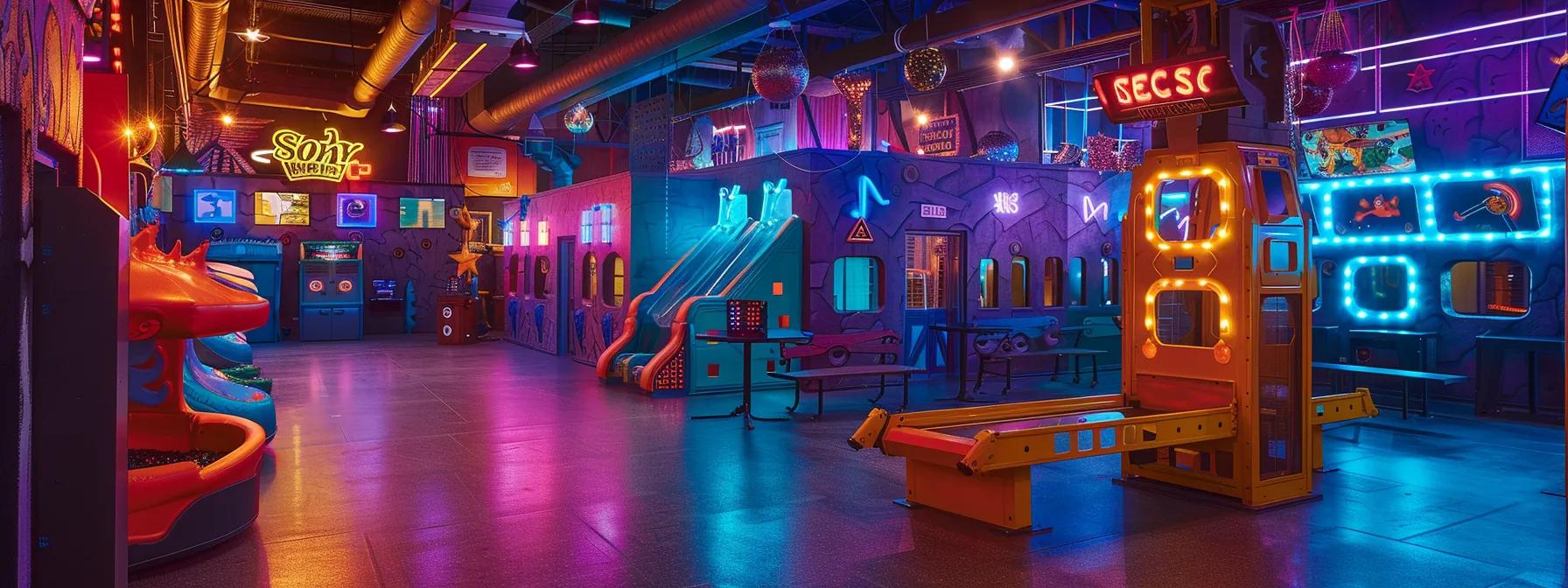a vibrant indoor laser tag arena, illuminated with colorful neon lights and futuristic decor, showcases excited children immersed in a thrilling game, with a designated area featuring reserved tables for a birthday party celebration in the background.