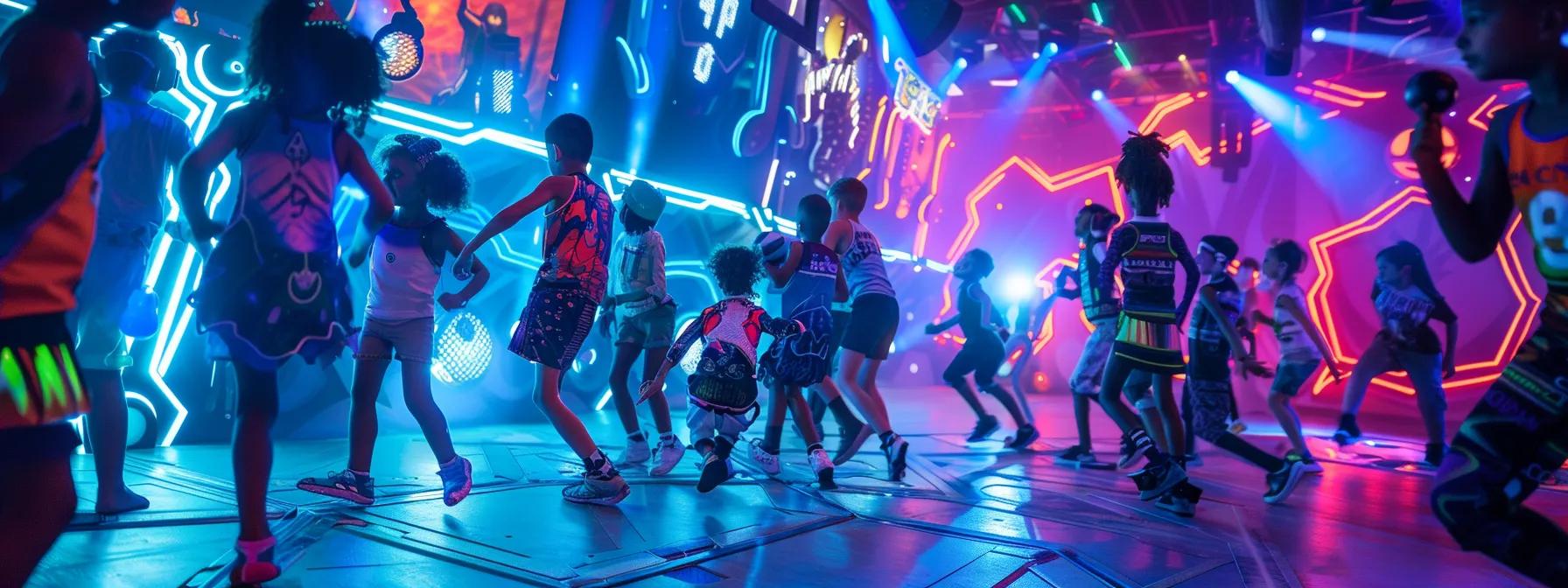 a vibrant indoor laser tag party scene showcasing energetic children in futuristic-themed attire, illuminated by dynamic neon lights and surrounded by immersive obstacle courses and engaging decorations that evoke a high-tech adventure atmosphere.