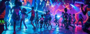 a vibrant indoor laser tag party scene showcasing energetic children in futuristic-themed attire, illuminated by dynamic neon lights and surrounded by immersive obstacle courses and engaging decorations that evoke a high-tech adventure atmosphere.