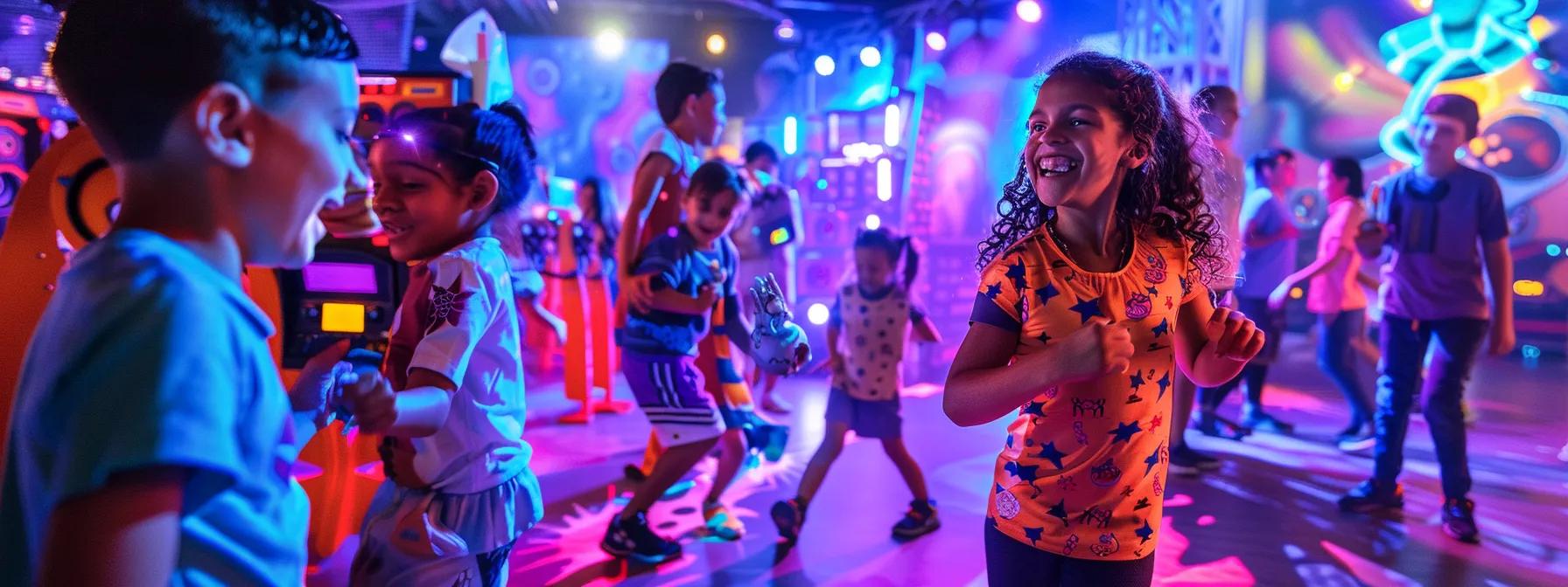 a vibrant indoor party setting showcases excited children engaging in an interactive laser tag game, surrounded by colorful decorations and safety equipment, emphasizing a balance of fun and secure play.