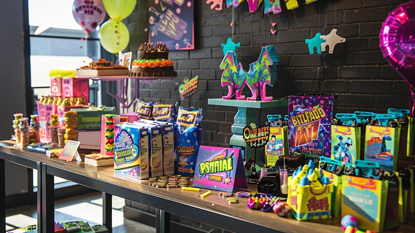 Display of laser tag party packages with colorful brochures and themed decorations, showcasing excitement for birthday planning