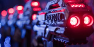 Close-up of Scorpion laser tag equipment highlighting safety features