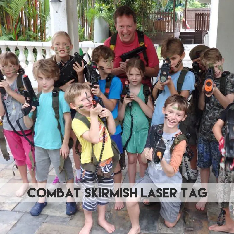 Young player demonstrating agility and coordination in a laser tag game
