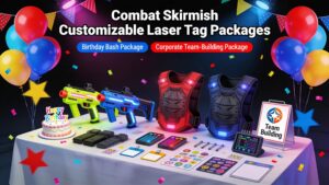 Visual representation of customizable laser tag packages with themed decorations and equipment
