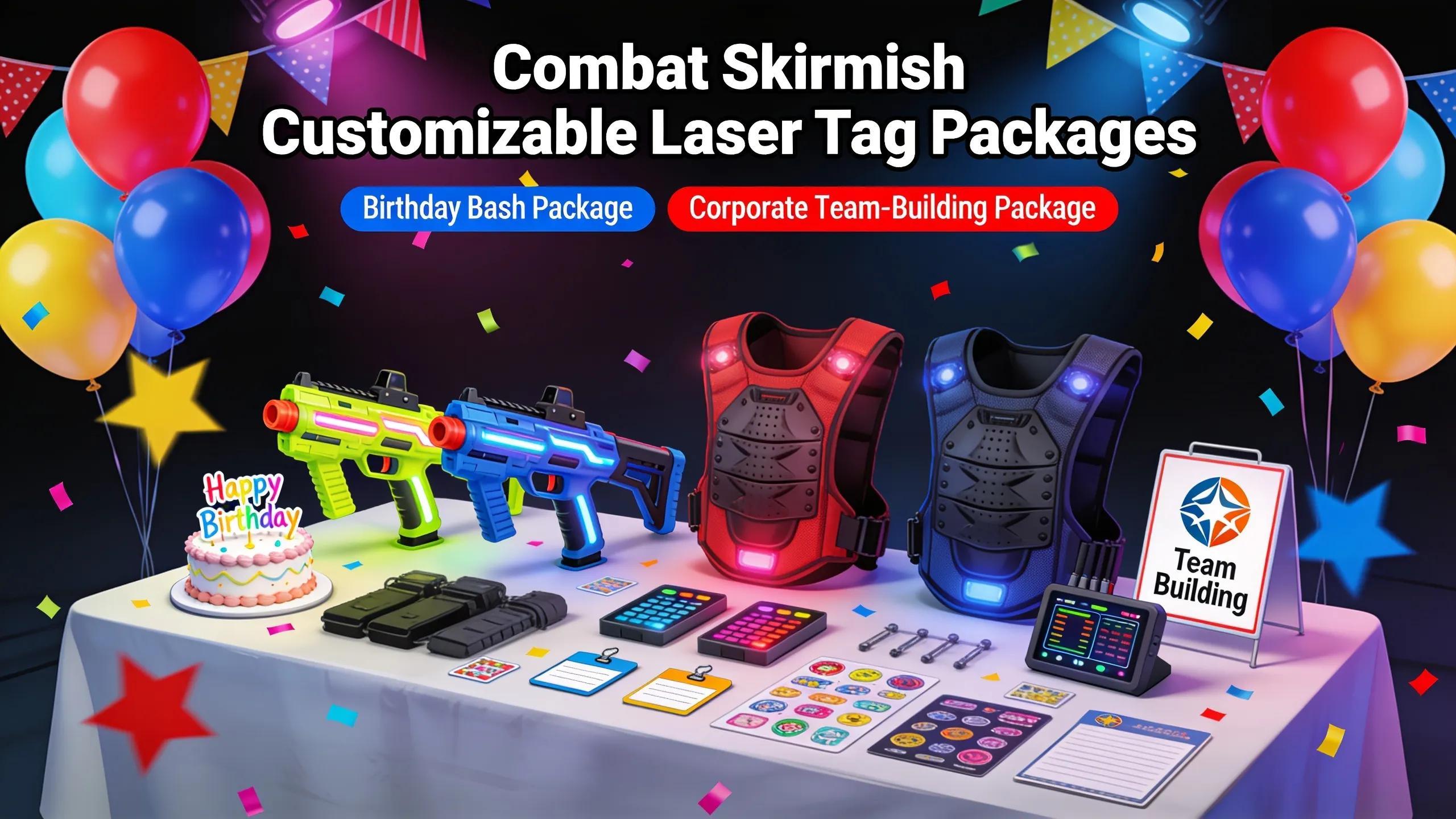 Visual representation of customizable laser tag packages with themed decorations and equipment