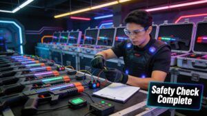 Trained staff member conducting safety checks on laser tag equipment, emphasizing safety protocols