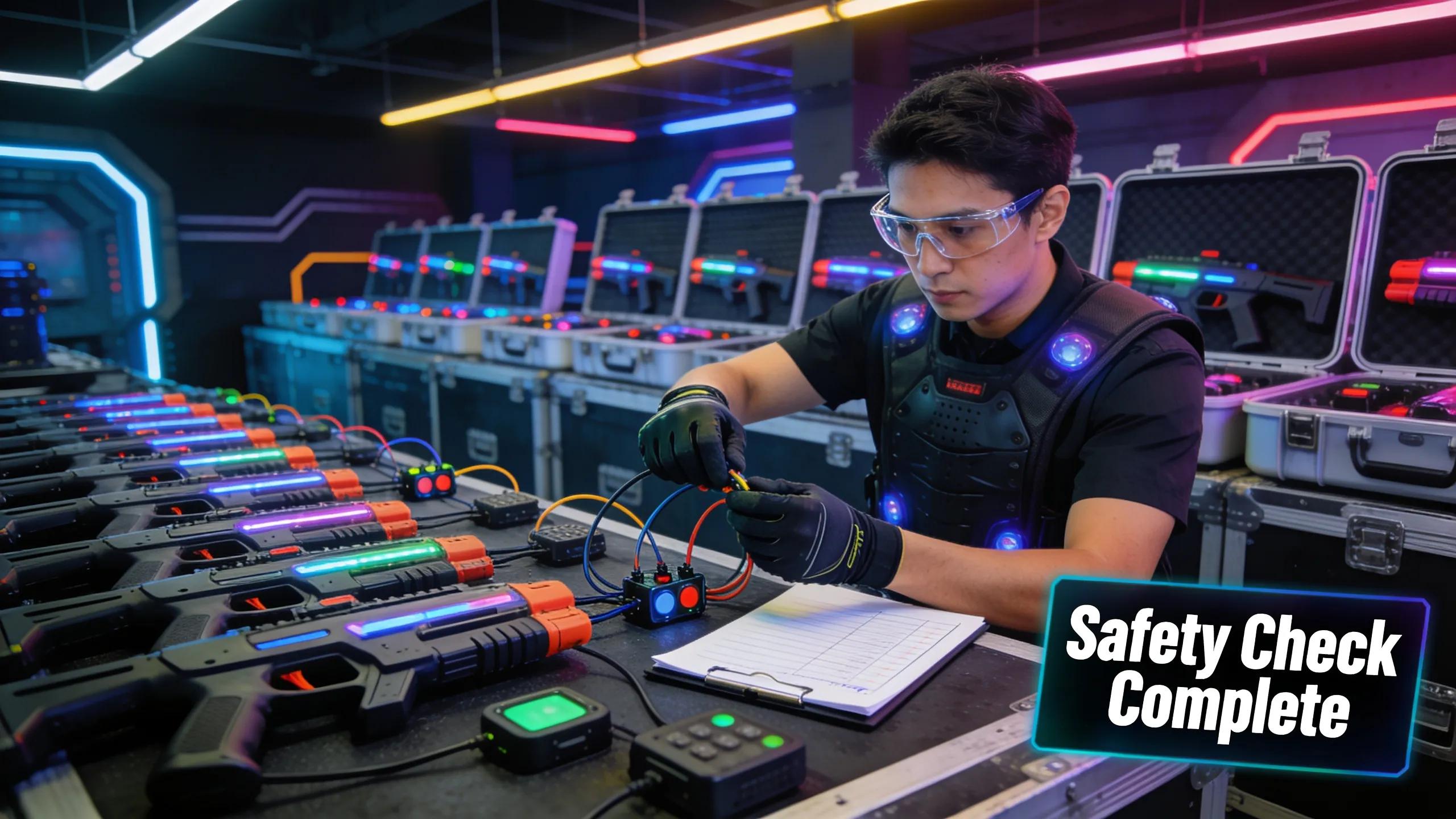 Trained staff member conducting safety checks on laser tag equipment, emphasizing safety protocols