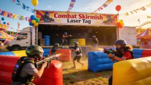 Exciting mobile laser tag setup at a carnival showcasing participants in action