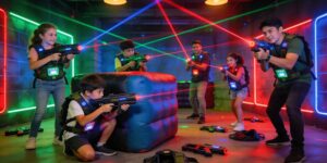 Children playing laser tag in Singapore, exciting birthday party fun.