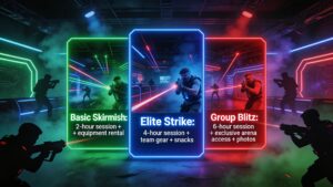 Display of customized laser tag event packages for birthdays and corporate groups