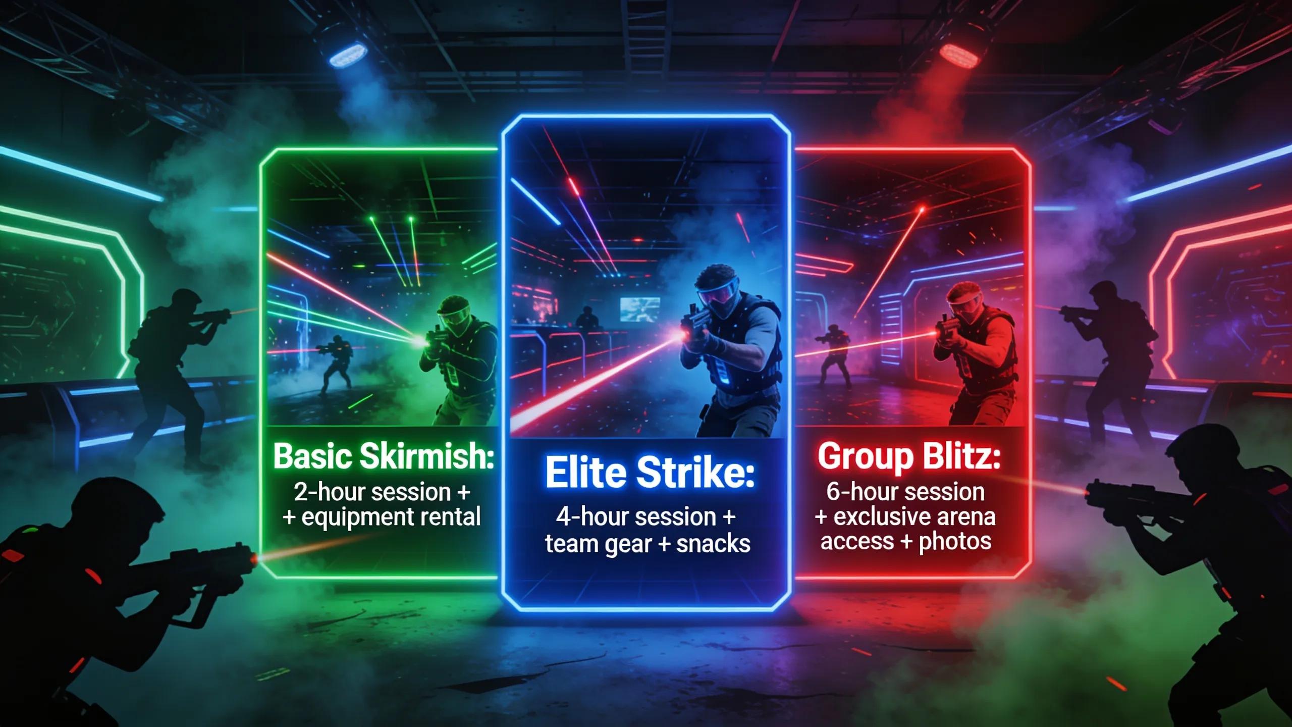 Display of customized laser tag event packages for birthdays and corporate groups