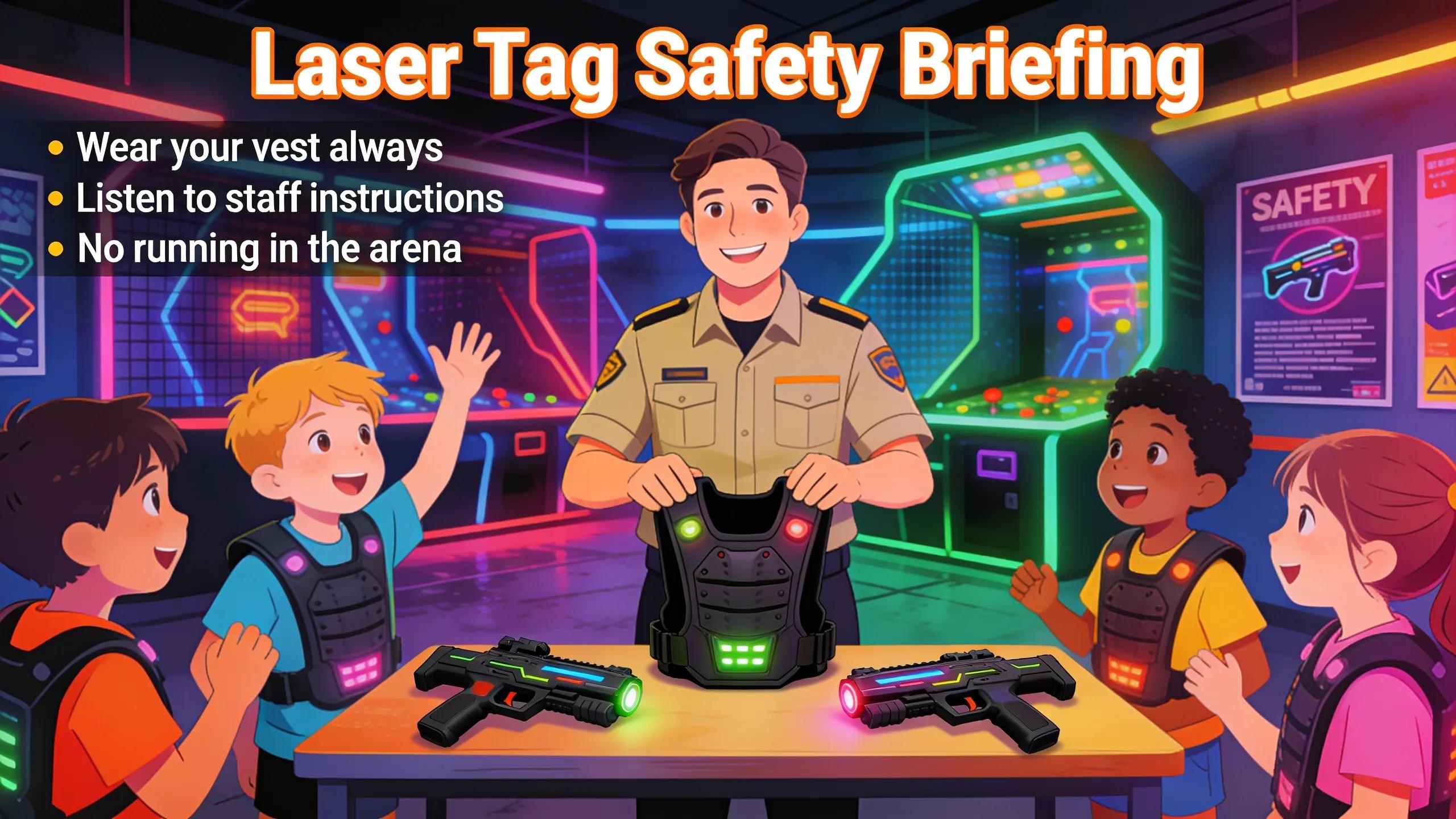 Trained staff providing safety instructions to children before a laser tag game