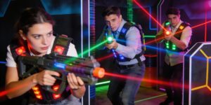 Corporate team bonding during laser tag battles in Singapore