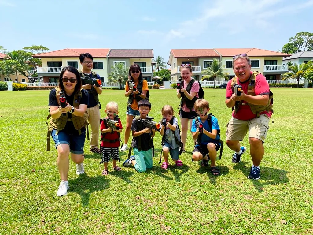 Group playing laser tag in Singapore park.