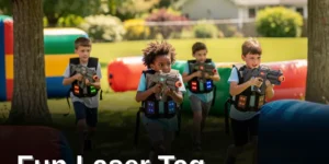 Kids playing outdoor laser tag with vests and blasters in a sunny park